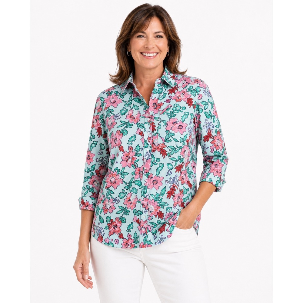 Lands End Womens Floral Button Down Shirt Aqua Pink Cotton‎ Long Sleeve Size 14